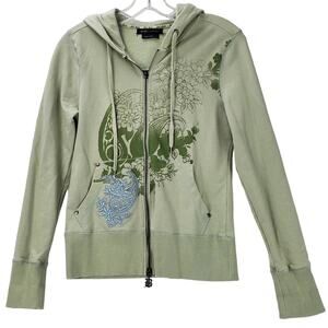 BCBG Maxazria Hooded Jacket Size S Paisley Embroidered Forest Fairy Green Boho
